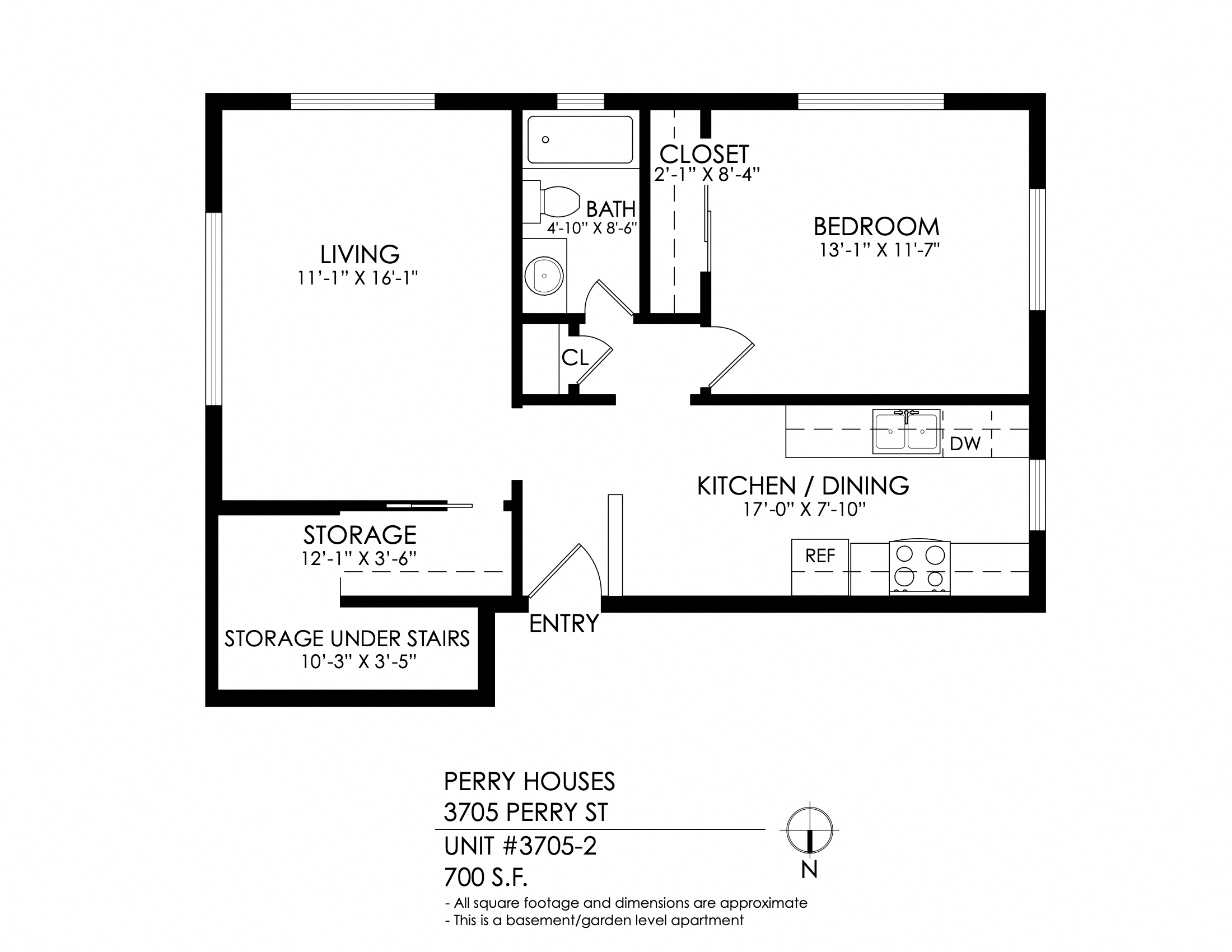Floor plan for 1 bed, 1 bath, 630 sqft